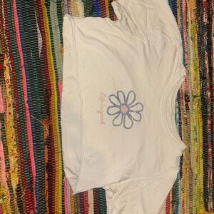 Life Is Good White and Blue Crop Top with Daisy Motif